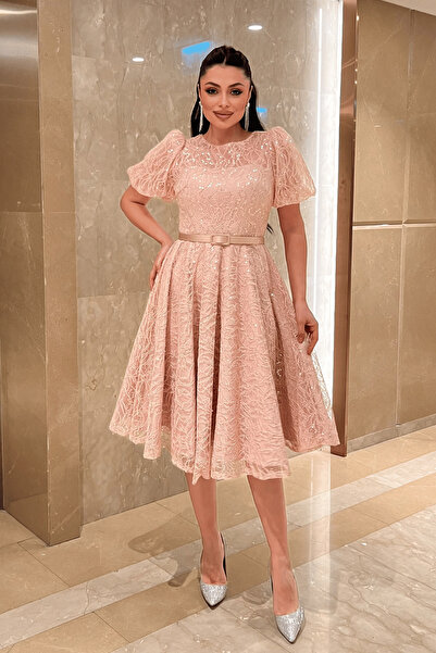 giyimmasalı Sequin Fabric Balloon Sleeve Midi Dress - Pudra