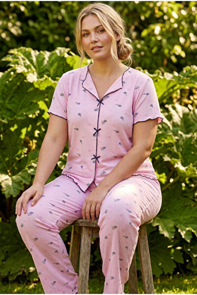 Siyah İnci Dark Pink Patterned Bow-Knot Plus Size Ribbed Camisole Knitted Paj...