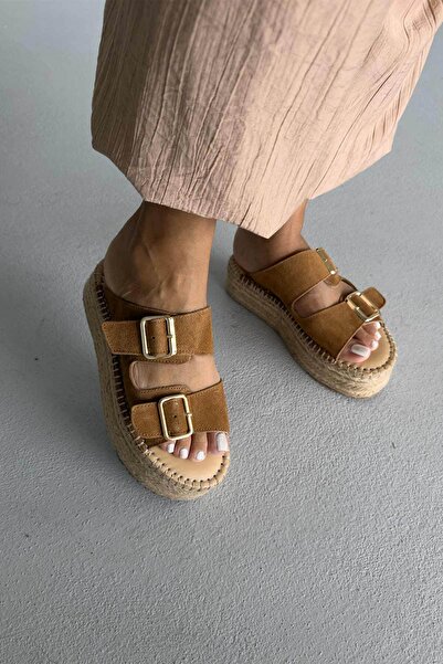 AYAKKABI PRENSİ Ellinor Genuine Leather Wedge Heel Taba Suede