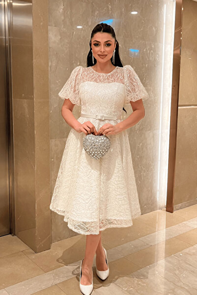 giyimmasalı Sequin Fabric Balloon Sleeve Midi Dress - White