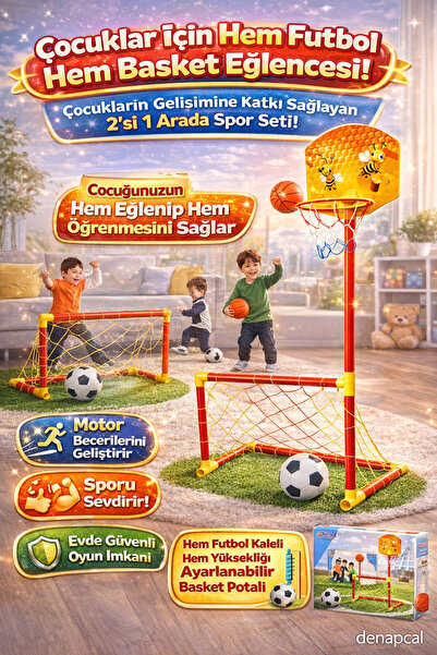 DENAPCAL Çocuk Futbol Kalesi ve Basket Potası 2’si 1 Arada Toplu Spor Oyun Seti