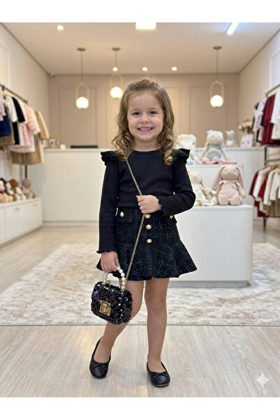 ArdenKids 2-8 Yaş Siyah Fırfır Kol Body & Düğme Detaylı Tüvit Simli Volanlı E...