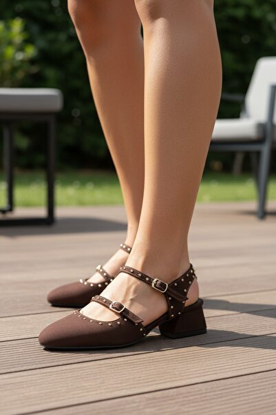 enoch Women's Round Toe Studded Detailed Two-Strap Low Thick Heeled Open Back...