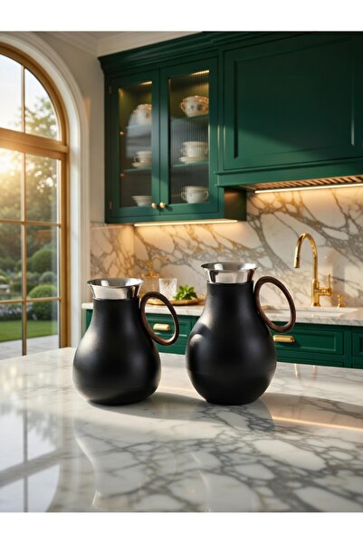 ALMEDYAF طقم ترمس فاخر أسود مزدوج سعة 1 لتر + 0.5 لتر |   تصميم خشبي الملمس ل...