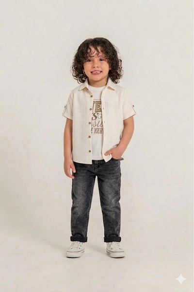 Bontino Boys' 3-Piece Premium Set - Patterned Shirt, 100% Cotton T-Shirt, and...