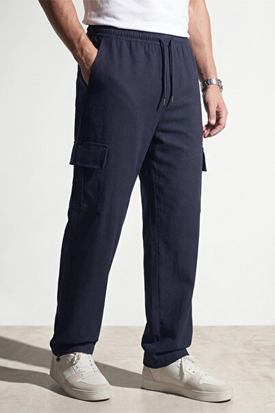 Veleno Men's Navy Blue Parachute Fabric Baggy Trousers with Cargo Pockets and...