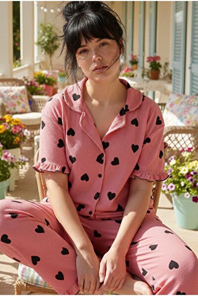 Siyah İnci طقم بيجامة بأزرار كبيرة الحجم بنمط قلب وردي 26120826