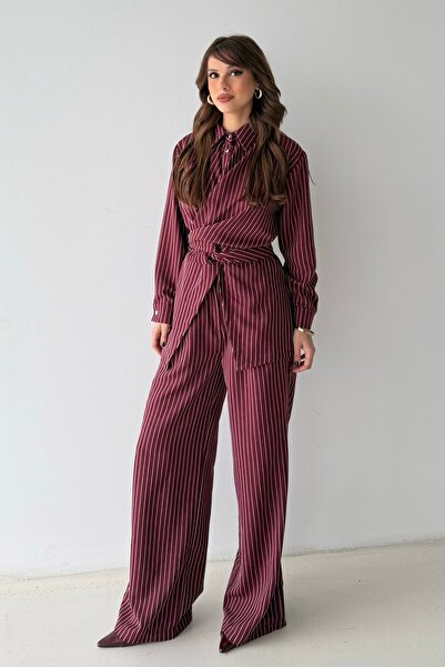 BEJNA Women's Striped Double-Breasted Top and Bottom Set with Tie Detail