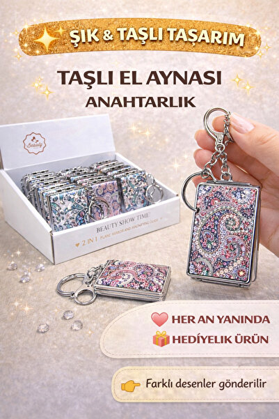 KOLAYEV Taşlı El Aynası Anahtarlık 7.5x5 Cm | Mini Cep Aynası Anahtarlık Hedi...