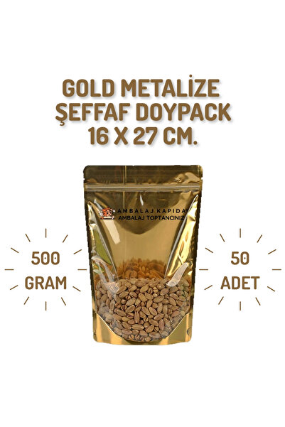 MSB Ambalaj 16x27 Gold Şeffaf Metalize Doypack - 50 Adet