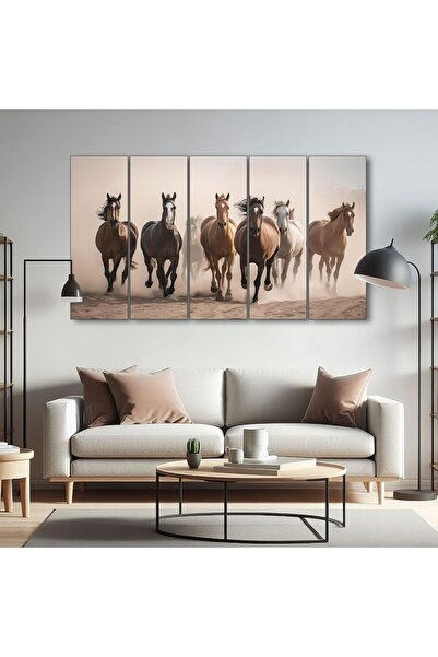 Al Raied آر إس ®   لوحة فنية جدارية كبيرة الحجم (27x48) بتصميم 7 خيول تجري عل...