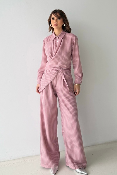 BEJNA Women's Striped Double-Breasted Top and Bottom Set with Tie Detail