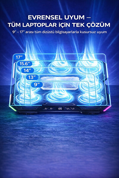VOOKA RGB Işıklı Laptop Soğutucu Stand LCD Ekran 15 Fanlı Güçlü Sessiz Soğutma