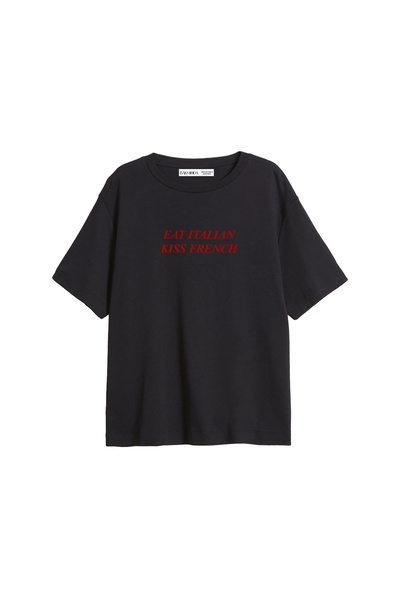Bak Moda Tricou negru pentru femei, cu imprimeu în stil francez, croială rela...