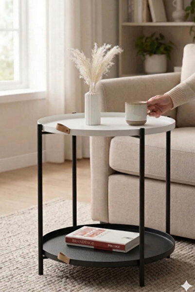 hemlife Çift Tepsili Katlanır Orta Yan Yuvarlak Sehpa Metal - Modern Sehpa Si...