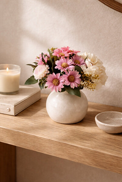 Mottogo Mini Artificial Flower Bouquet 20 cm – Pink and White Decorative Tabl...