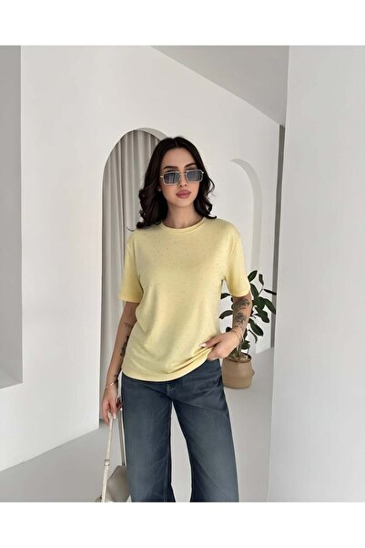 Elaxi Women's Crew Neck Short Sleeve Stone Detailed Shiny T-Shirt