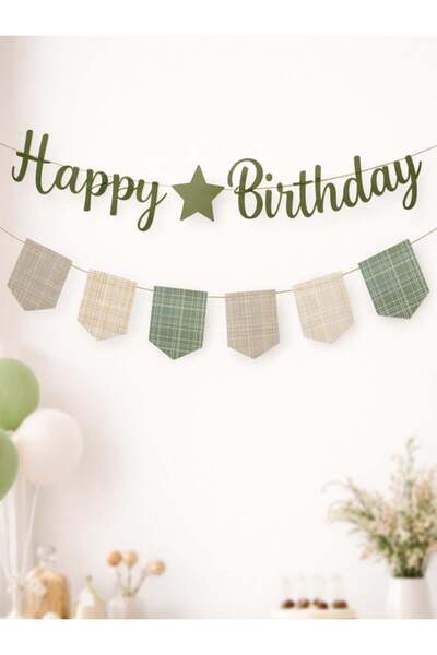 Parti Adresi Happy Birthday Kaligrafi Banner – Retro Ekose Bayraklı Doğum Gün...