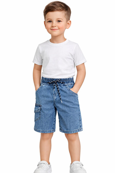 İrem Çocuk Giyim Boys' Blue Denim Shorts with Elastic Waist and Drawstring, C...