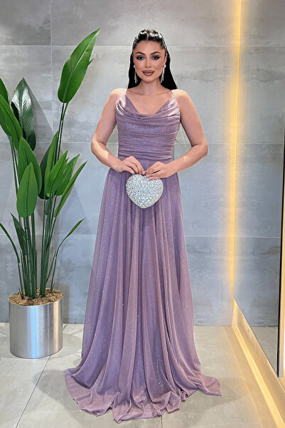 giyimmasalı Glittery Tulle Fabric Strap Evening Dress - Lila