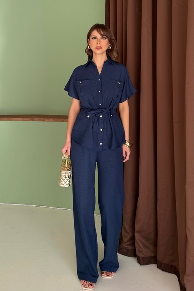 BEJNA Women's Belted Button Detailed Linen Textured Top and Bottom Set with P...