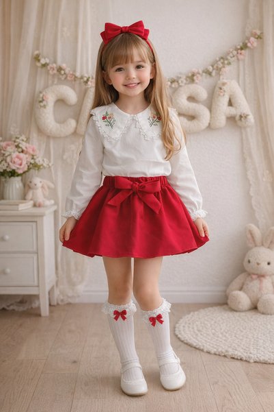 CALİSA Girl's Red Skirt and Embroidered Shirt Set, Ages 2-12 |   Stylish Top and Bottom Combination |   Eid Celebration |   April 23