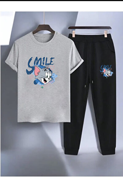 MİDAD Smile printed t-shirt - jogger t-shirt crew neck top bottom tracksuit set