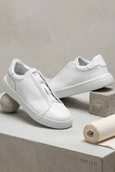 Lufian Men's White Genuine Leather Sneaker - Laceless Casual Daily Shoes