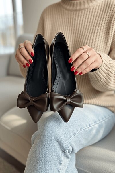 DİVOLYA Naomi Brown Double Bow Short Heeled (1.5 cm) Pointed Toe Casual Balle...