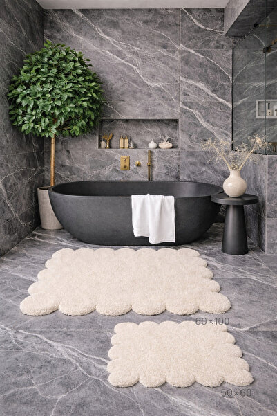 KEVLİNE Decorative Non-Slip Base Daisy Cut Bathroom Mat, Toilet Set, 60X100-5...