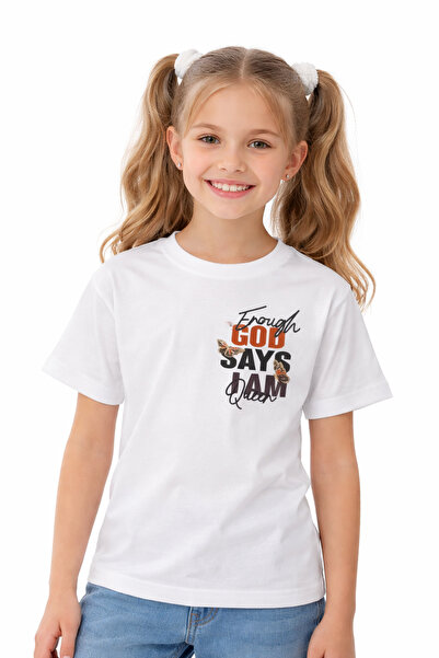İrem Çocuk Giyim Girl's God Says Written Oversize White T-Shirt with Writing ...