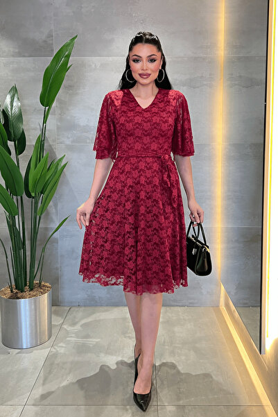 giyimmasalı Lace Fabric V-Neck Midi Dress - Bordo