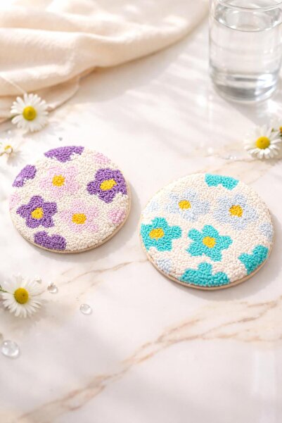 GAONK Handmade Punch Embroidery Spring Flowers Set of 2 Coasters - Bohemian T...