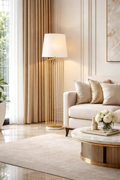 MARIA HOMES Modern Gold Cage Floor Lamp with Fabric Shade for Living Room Decor
