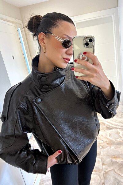 COJIKO Women's Oversize Zr Model Textured Stand Collar Brown Leather Jacket