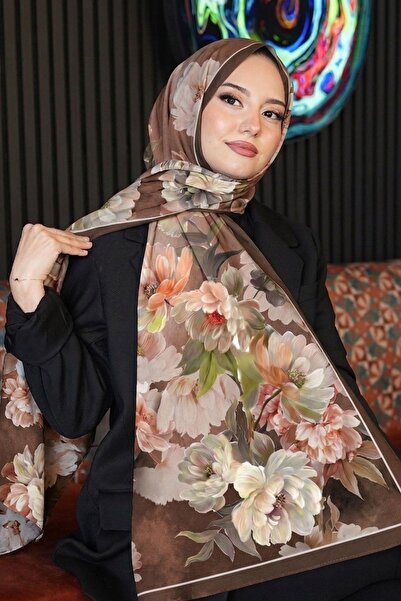 AFVENTE Кафяв мек памучен шал с флорален десен