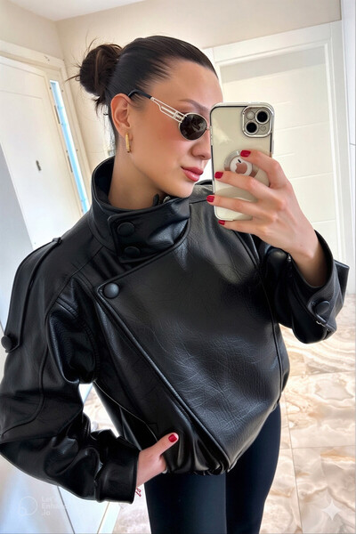 COJIKO Women's Oversize Zr Model Textured Stand Collar Black Leather Jacket