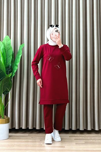 ALYA ELVİN TAKIM Zara Krep Kumaş Bordo Kadın Kelebek Desenli Tunik Pantolon İ...
