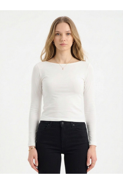 naymanlife Women's White Boat Neck Long Sleeve Body-Hugging Cotton Double Lay...
