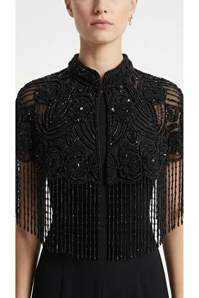 Rabiossa Kadın İşlemeli Kristal Boncuklu Abiye Pelerin