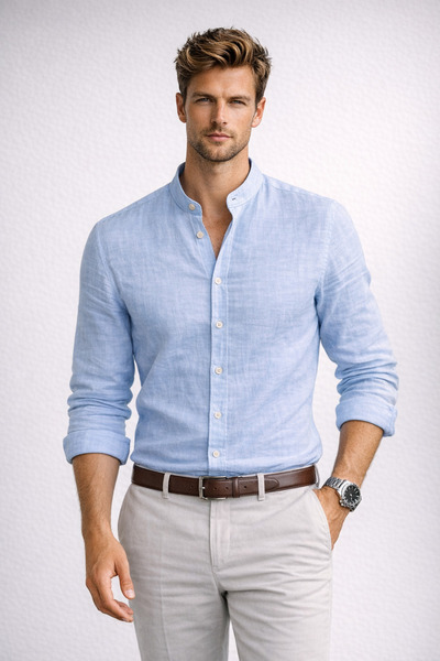 Polo State Men's Light Blue Judge Collar Linen Shirt