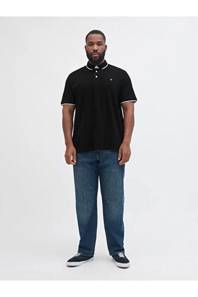 Jack & Jones Black Polo Collar Large Size Men's T-Shirt Pique Woven Relaxed F...