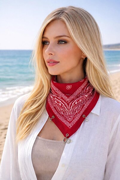 sema aksesuar 3 Charm Moon Star Red Ethnic Pattern Scarf Bandana - Bandana wi...