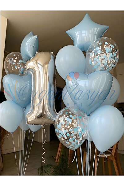 Organizasyon Pazarı Gümüş Rakam 1 Yaş Balon Seti Mavi Kalp Yıldız Konfeti Doğ...