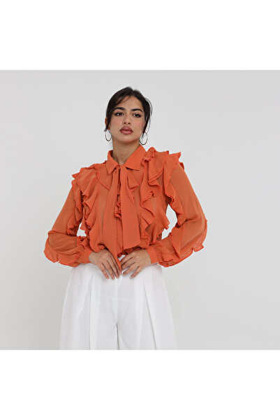 2TRENDY Long-Sleeved Blouse with Ruffles and Bow Tie