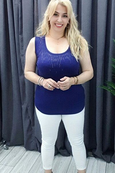 Bİ.GİYSEN Women's Navy Blue Crew Neck Large Size Collar with Stone Embroidery...