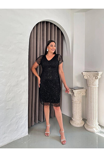 ModaSehle Kadın Büyük Beden Dantel Pul Detaylı Kısa Kollu Midi Abiye Elbise