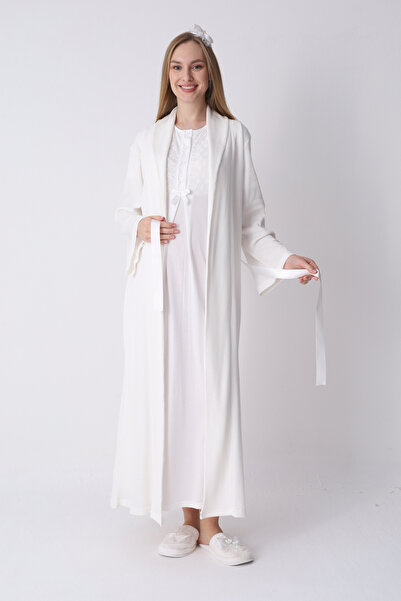 ERDENİZ TEKSTİL Hamile Gecelik ve Sabahlık Takımı – Lohusa Gecelik Seti, Dant...