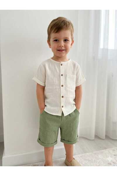 Baby Golden Muslin Fabric Shirt Shorts Boys Summer Set