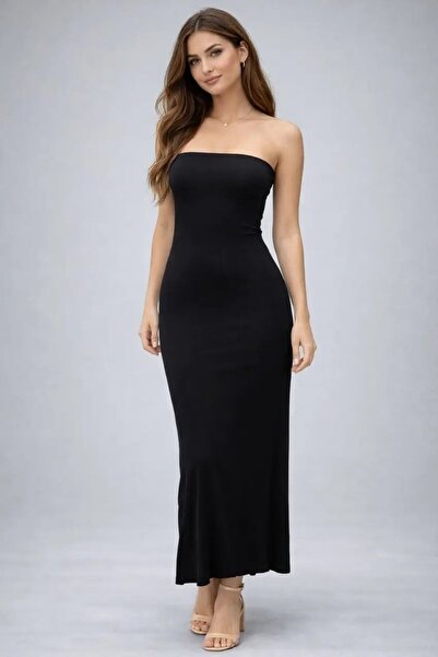 Cool & Sexy Μαύρο μακρύ φόρεμα χωρίς τιράντες με λεπτομέρεια σκίσιμο